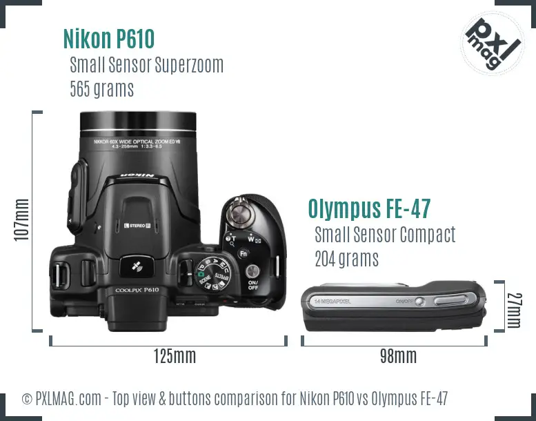 Nikon P610 vs Olympus FE-47 top view buttons comparison