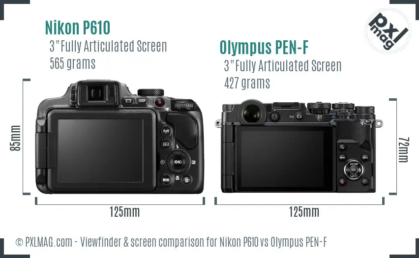 Nikon P610 vs Olympus PEN-F Screen and Viewfinder comparison