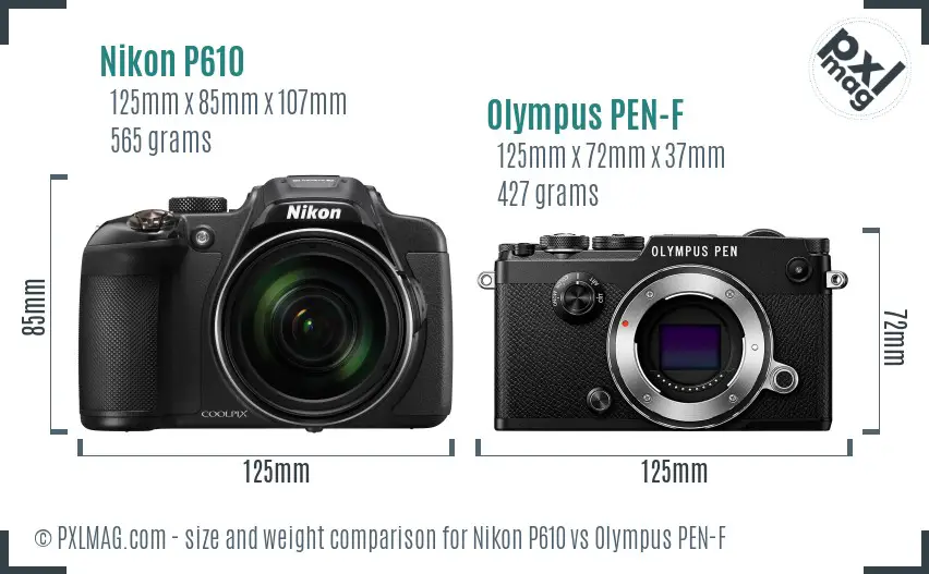 Nikon P610 vs Olympus PEN-F size comparison