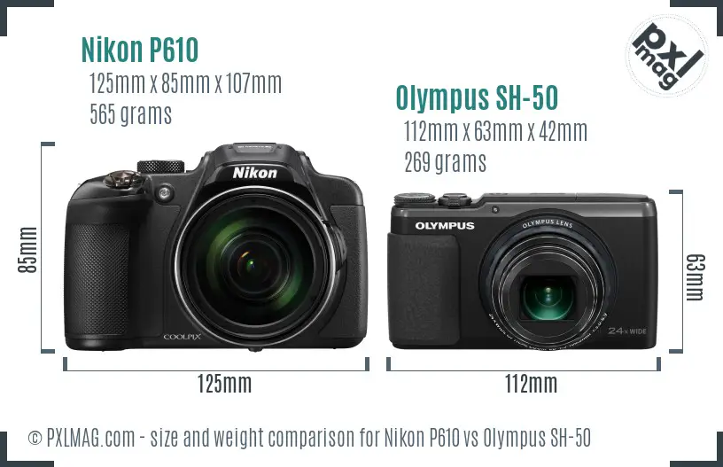 Nikon P610 vs Olympus SH-50 size comparison