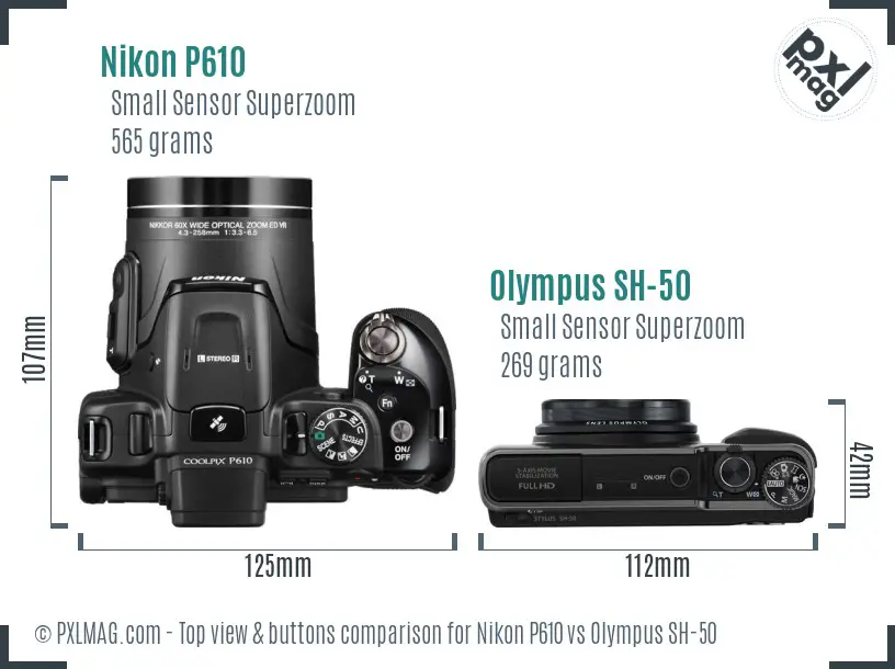 Nikon P610 vs Olympus SH-50 top view buttons comparison