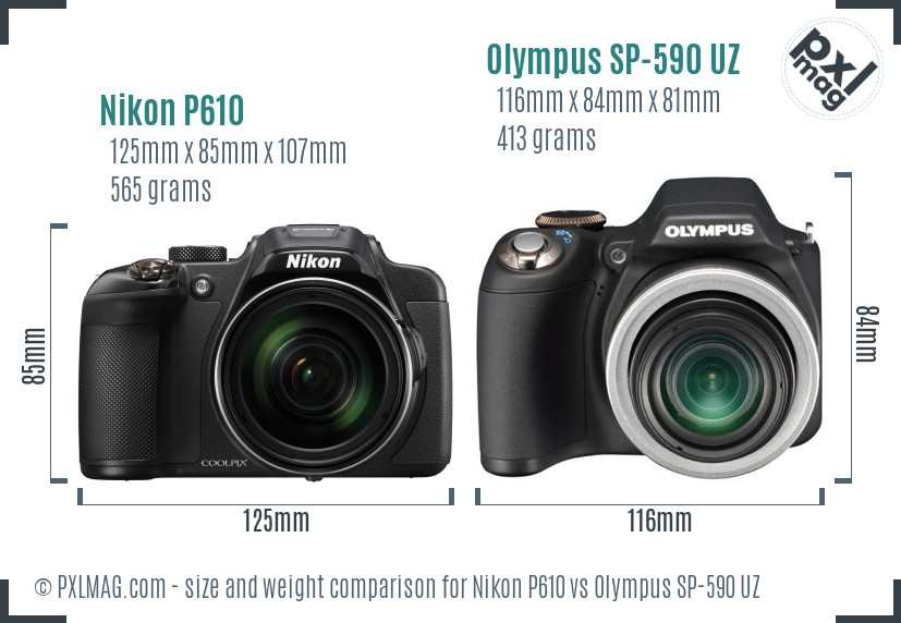 Nikon P610 vs Olympus SP-590 UZ size comparison