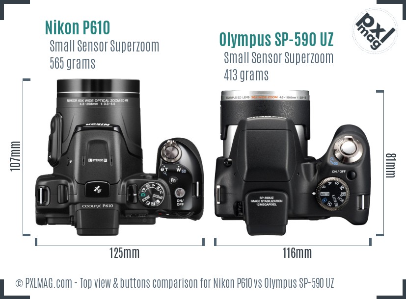 Nikon P610 vs Olympus SP-590 UZ top view buttons comparison