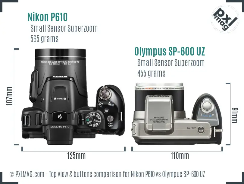 Nikon P610 vs Olympus SP-600 UZ top view buttons comparison