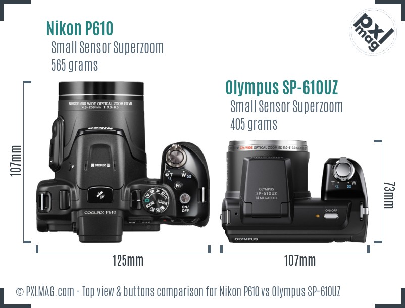 Nikon P610 vs Olympus SP-610UZ top view buttons comparison