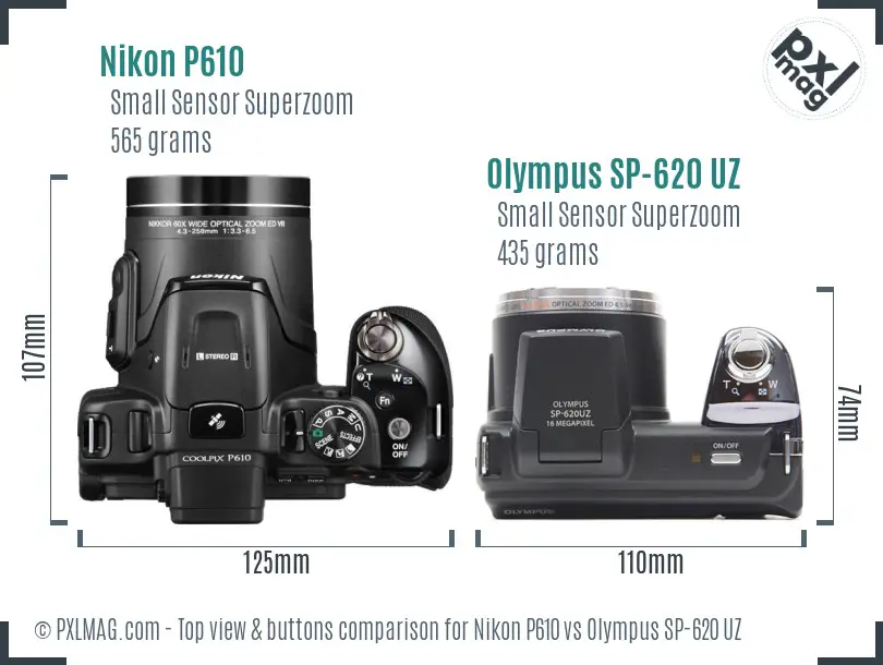 Nikon P610 vs Olympus SP-620 UZ top view buttons comparison