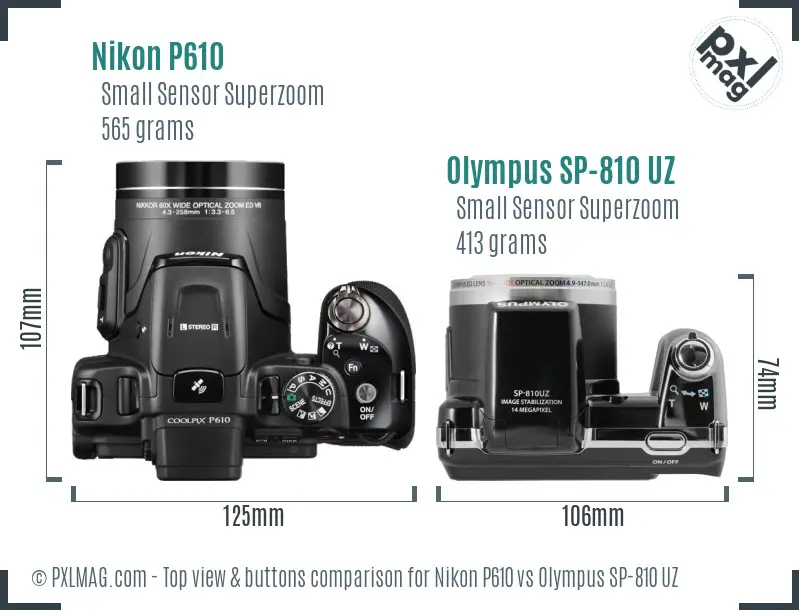 Nikon P610 vs Olympus SP-810 UZ top view buttons comparison
