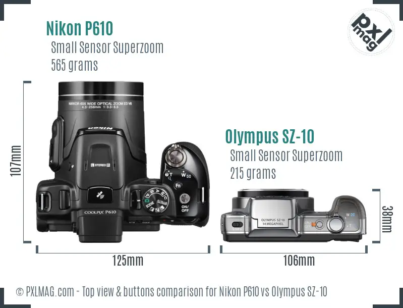 Nikon P610 vs Olympus SZ-10 top view buttons comparison Nikon P610 vs Olympus SZ-10 top view buttons comparison
