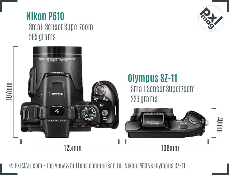 Nikon P610 vs Olympus SZ-11 top view buttons comparison