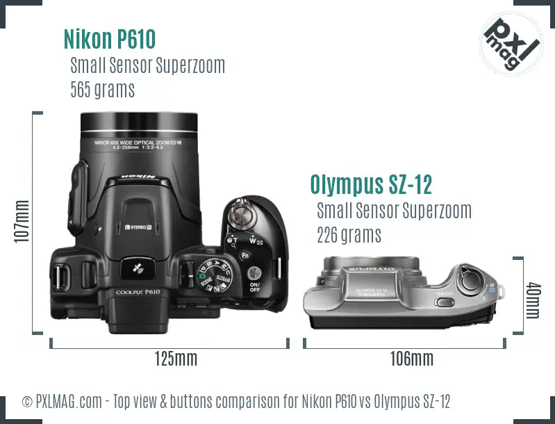 Nikon P610 vs Olympus SZ-12 top view buttons comparison