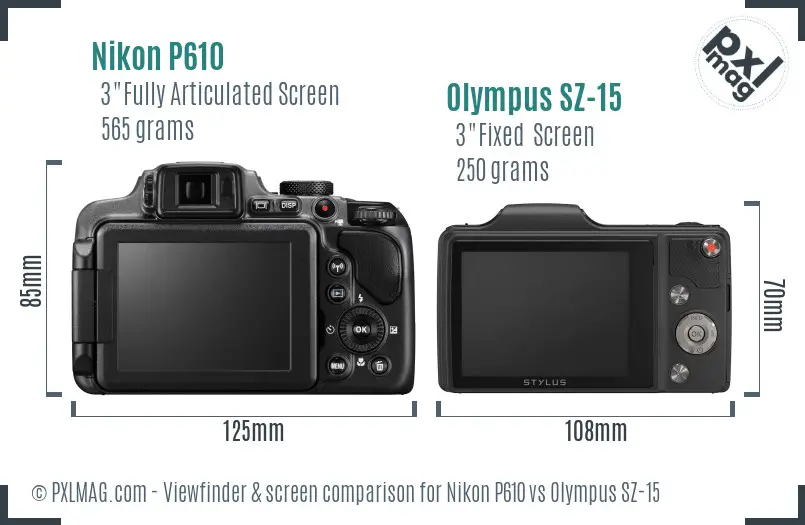 Nikon P610 vs Olympus SZ-15 Screen and Viewfinder comparison
