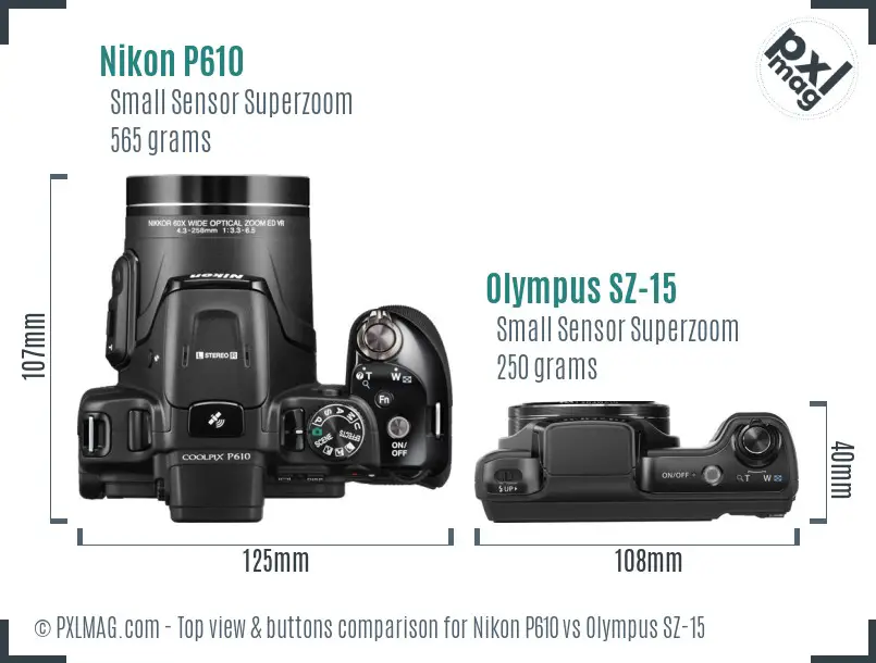 Nikon P610 vs Olympus SZ-15 top view buttons comparison