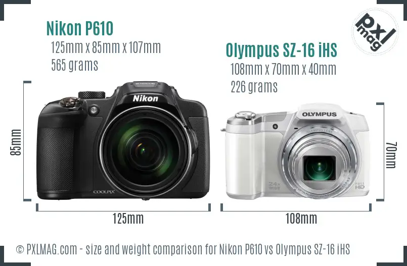 Nikon P610 vs Olympus SZ-16 iHS size comparison Nikon P610 vs Olympus SZ-16 iHS size comparison