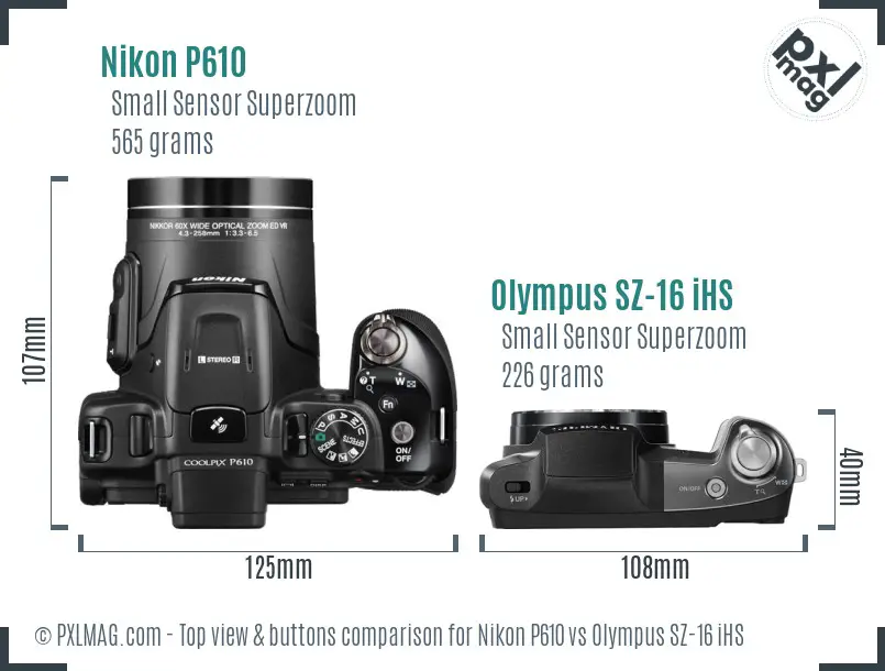 Nikon P610 vs Olympus SZ-16 iHS top view buttons comparison Nikon P610 vs Olympus SZ-16 iHS top view buttons comparison