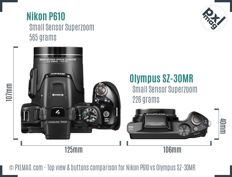 Nikon P610 vs Olympus SZ-30MR top view buttons comparison