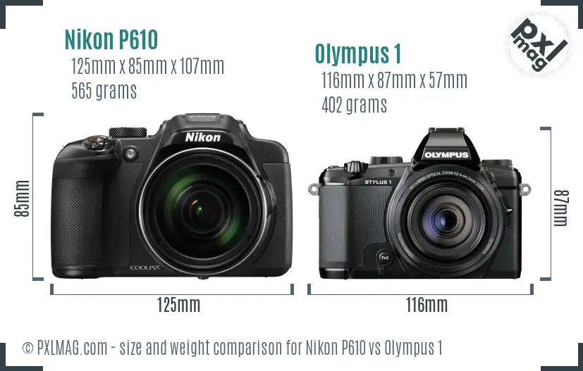 Nikon P610 vs Olympus 1 size comparison