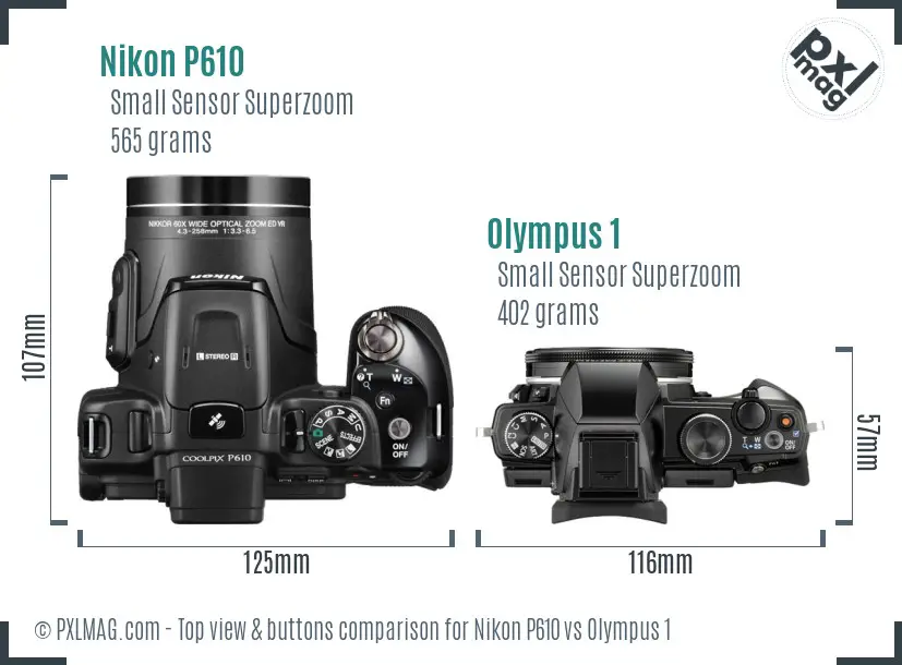 Nikon P610 vs Olympus 1 top view buttons comparison