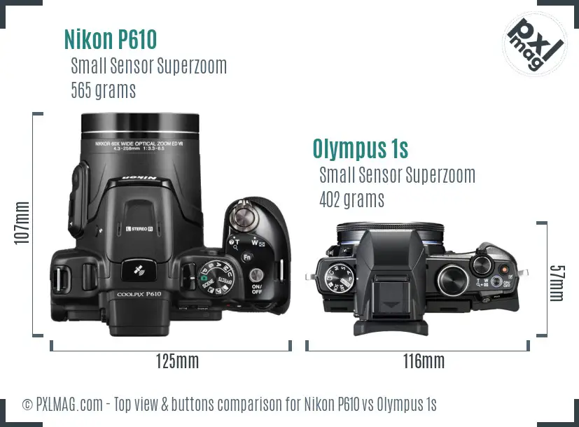 Nikon P610 vs Olympus 1s top view buttons comparison