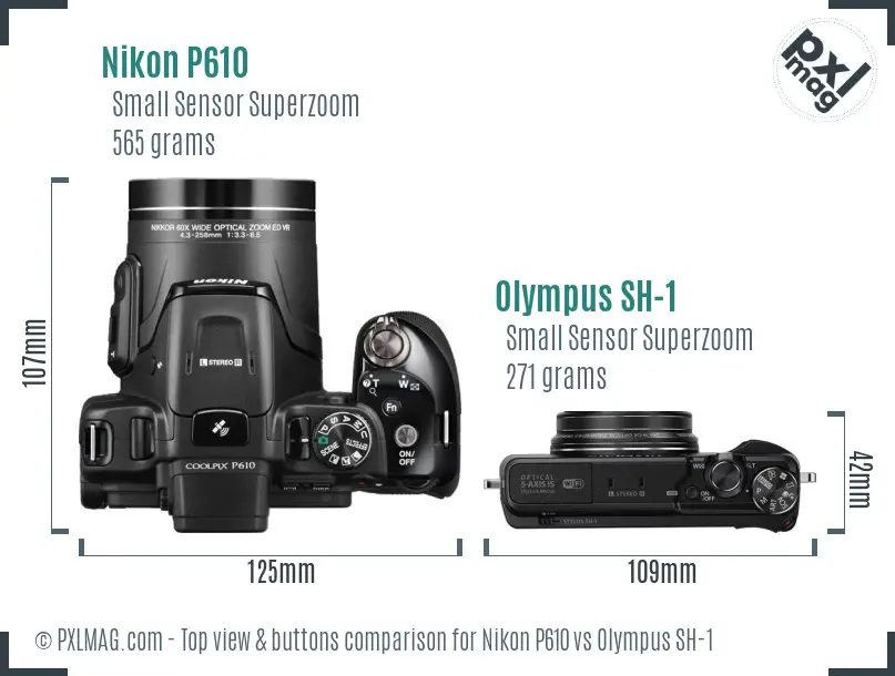 Nikon P610 vs Olympus SH-1 top view buttons comparison Nikon P610 vs Olympus SH-1 top view buttons comparison