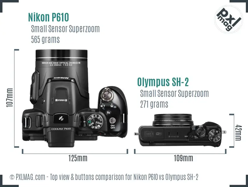Nikon P610 vs Olympus SH-2 top view buttons comparison