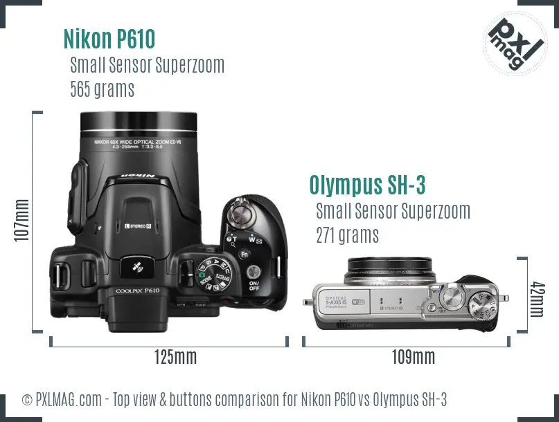 Nikon P610 vs Olympus SH-3 top view buttons comparison Nikon P610 vs Olympus SH-3 top view buttons comparison