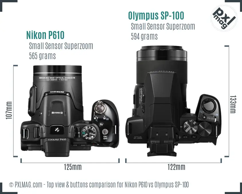 Nikon P610 vs Olympus SP-100 top view buttons comparison Nikon P610 vs Olympus SP-100 top view buttons comparison