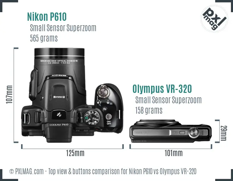 Nikon P610 vs Olympus VR-320 top view buttons comparison