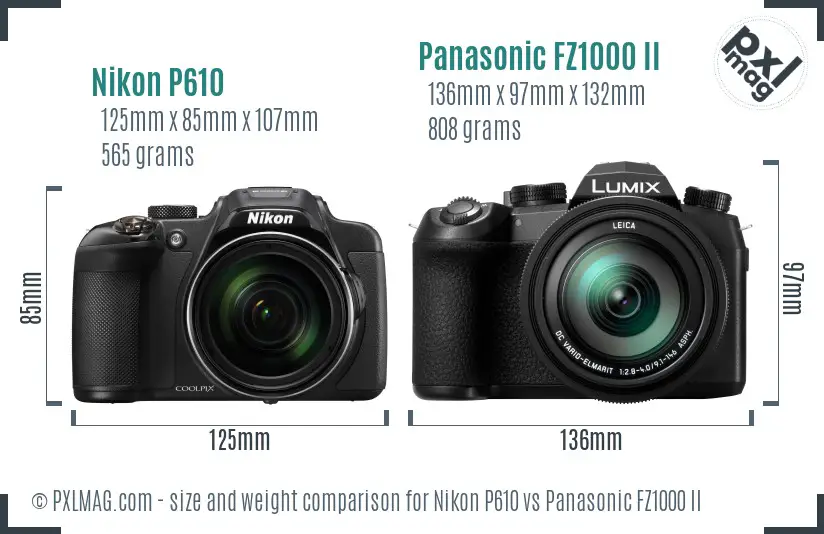 Nikon P610 vs Panasonic FZ1000 II size comparison