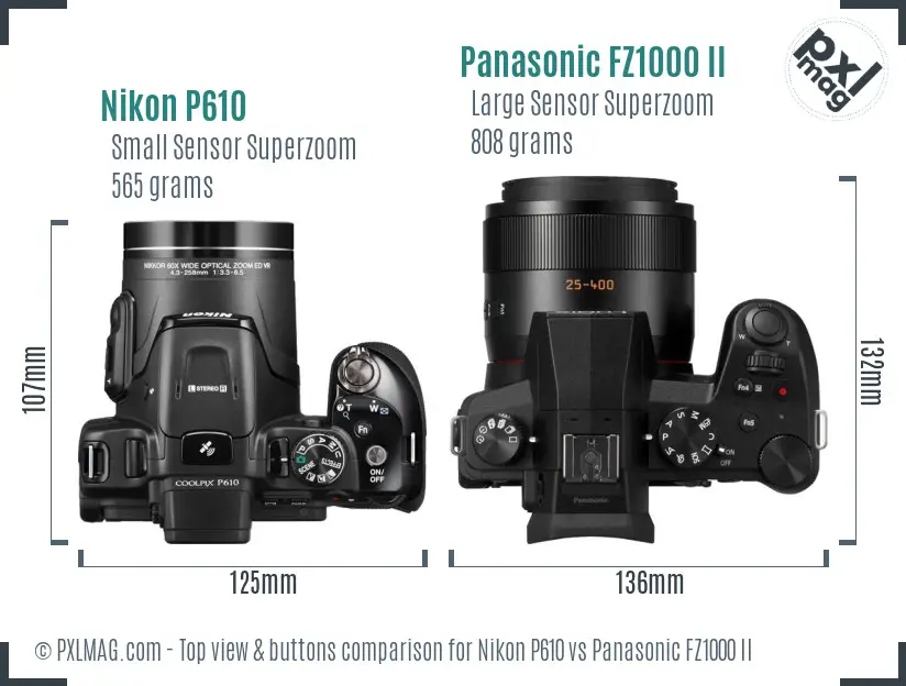 Nikon P610 vs Panasonic FZ1000 II top view buttons comparison