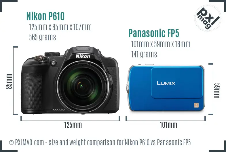 Nikon P610 vs Panasonic FP5 size comparison