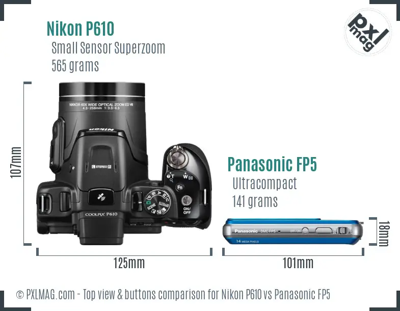 Nikon P610 vs Panasonic FP5 top view buttons comparison