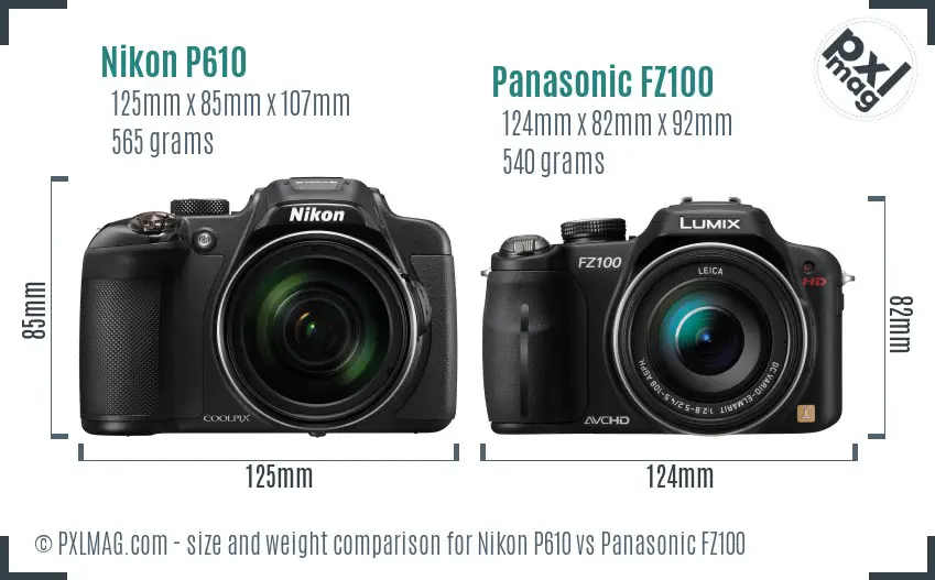 Nikon P610 vs Panasonic FZ100 size comparison Nikon P610 vs Panasonic FZ100 size comparison