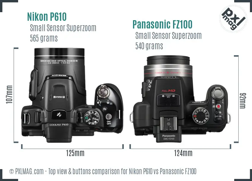 Nikon P610 vs Panasonic FZ100 top view buttons comparison Nikon P610 vs Panasonic FZ100 top view buttons comparison