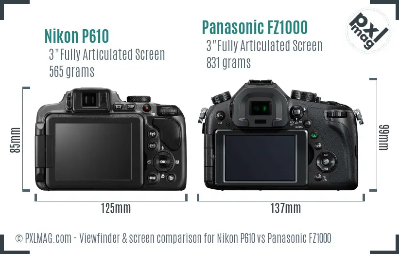 Nikon P610 vs Panasonic FZ1000 Screen and Viewfinder comparison