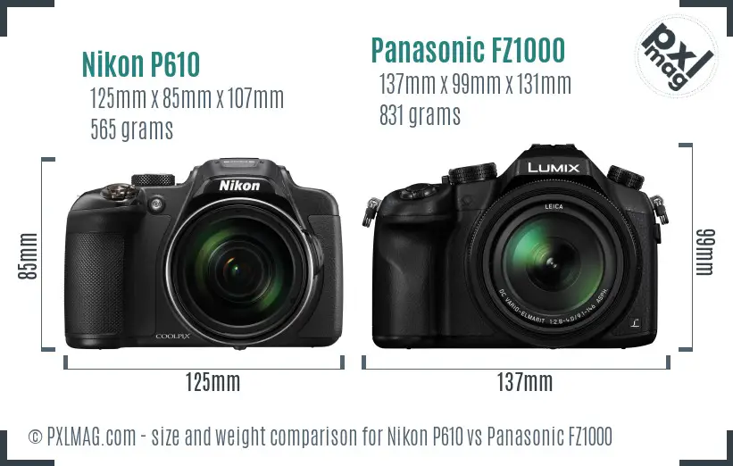 Nikon P610 vs Panasonic FZ1000 size comparison