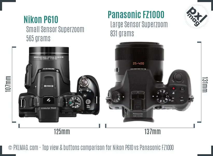 Nikon P610 vs Panasonic FZ1000 top view buttons comparison