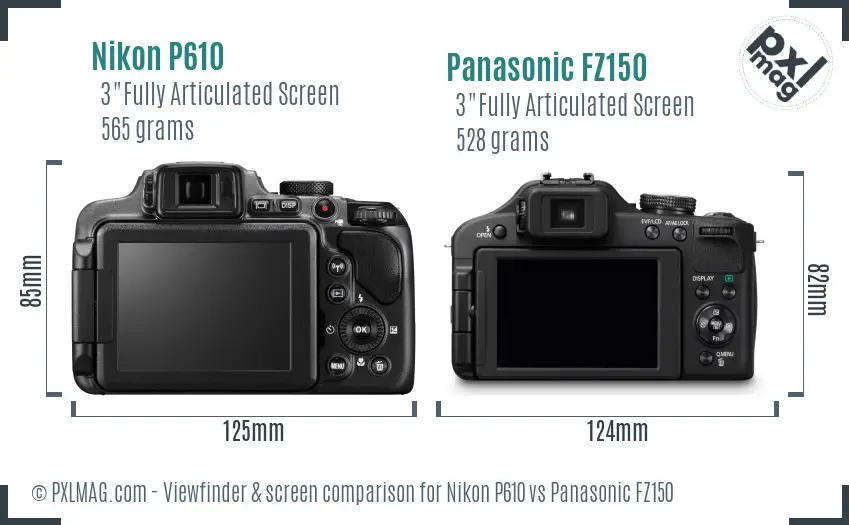 Nikon P610 vs Panasonic FZ150 Screen and Viewfinder comparison