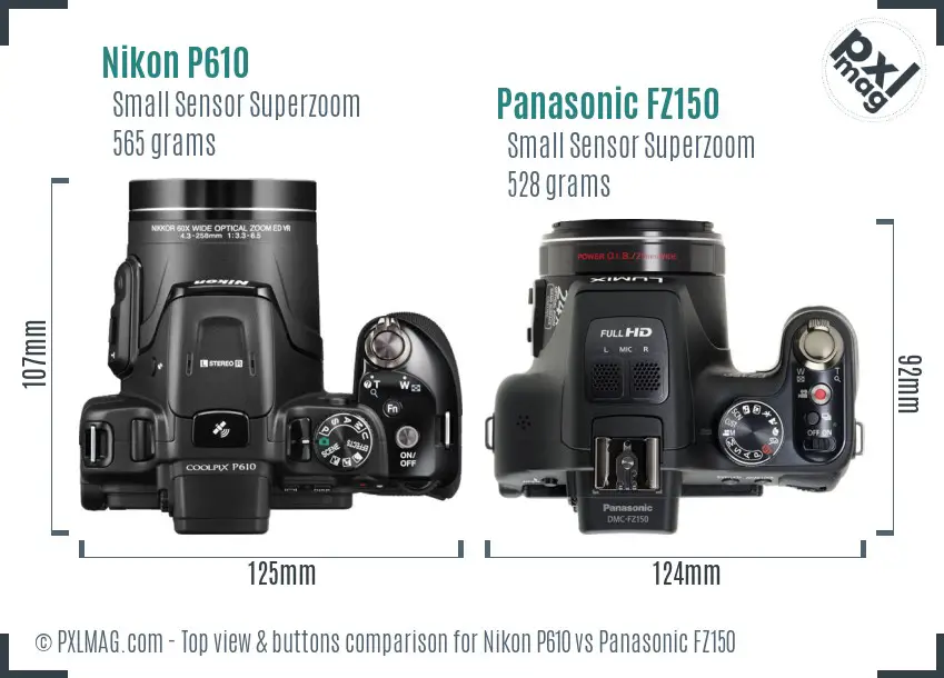 Nikon P610 vs Panasonic FZ150 top view buttons comparison