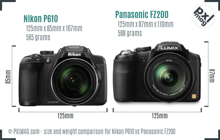 Nikon P610 vs Panasonic FZ200 size comparison