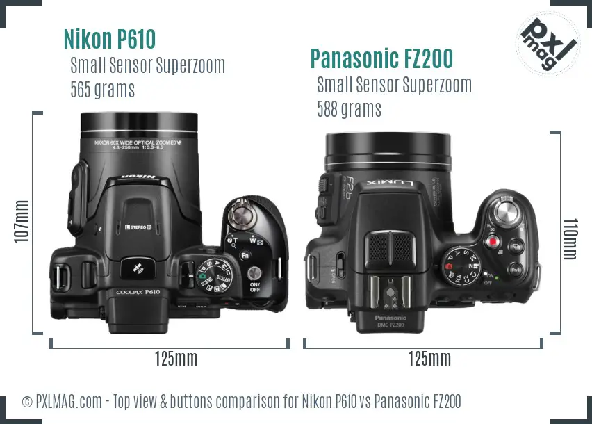 Nikon P610 vs Panasonic FZ200 top view buttons comparison