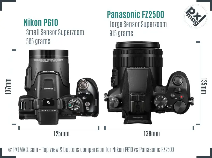 Nikon P610 vs Panasonic FZ2500 top view buttons comparison Nikon P610 vs Panasonic FZ2500 top view buttons comparison