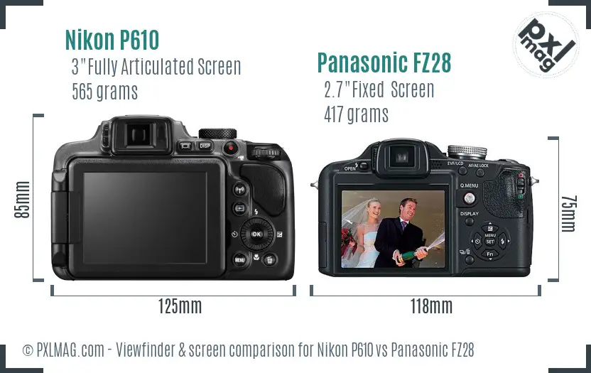 Nikon P610 vs Panasonic FZ28 Screen and Viewfinder comparison