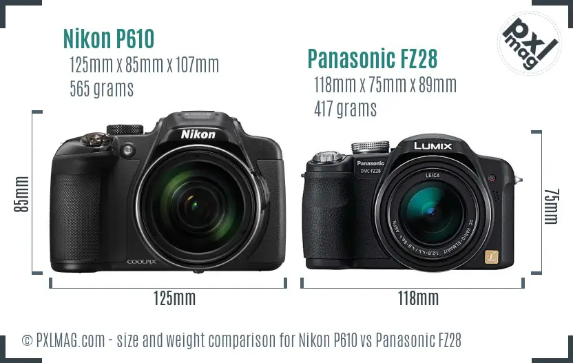 Nikon P610 vs Panasonic FZ28 size comparison