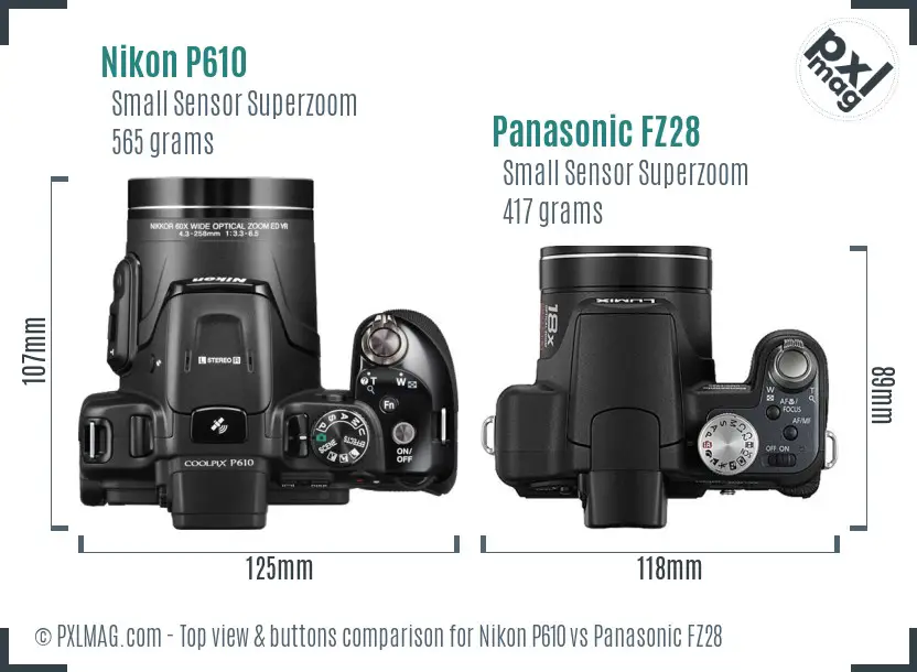 Nikon P610 vs Panasonic FZ28 top view buttons comparison