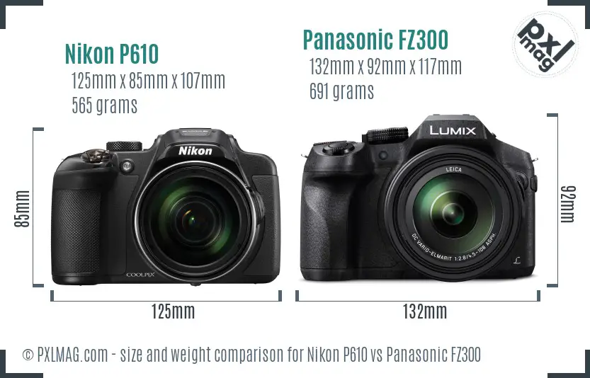 Nikon P610 vs Panasonic FZ300 size comparison