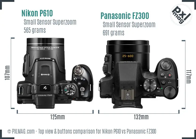 Nikon P610 vs Panasonic FZ300 top view buttons comparison