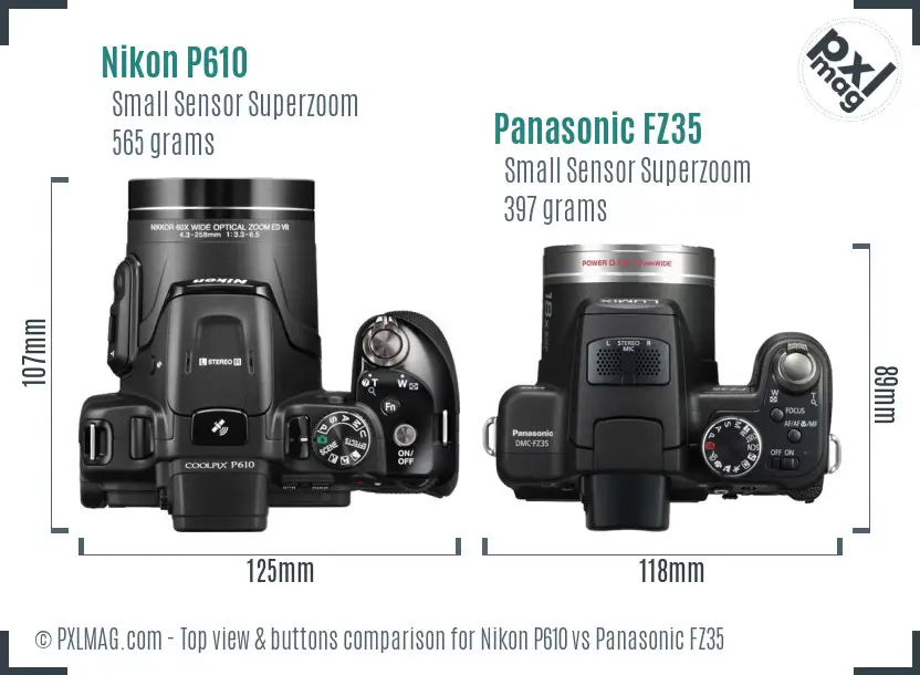 Nikon P610 vs Panasonic FZ35 top view buttons comparison Nikon P610 vs Panasonic FZ35 top view buttons comparison