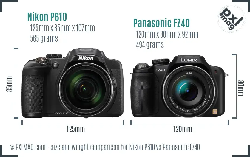 Nikon P610 vs Panasonic FZ40 size comparison
