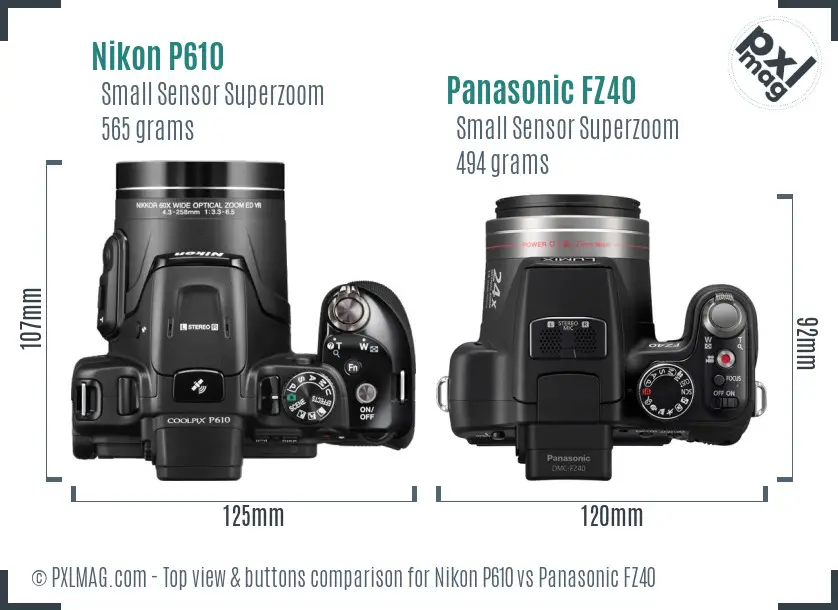 Nikon P610 vs Panasonic FZ40 top view buttons comparison