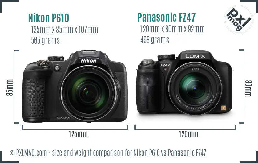 Nikon P610 vs Panasonic FZ47 size comparison